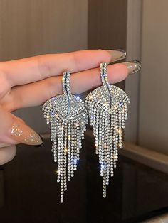 Material: AlloyStyle: ElegantElement: RhinestoneType: Glitter Occasion: Party Friends Style, Tassel Earing, Earrings Golden, Rhinestone Material, Golden Leaf, Tassels Fashion, Tassel Drop Earrings, Leaf Jewelry, Big Earrings