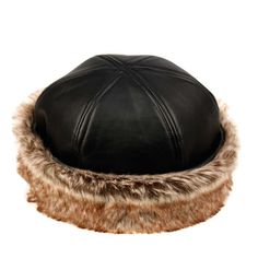 a black leather hat with faux fur trim