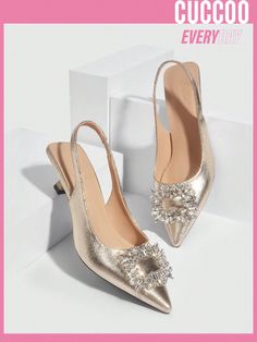 DENGSS Cuccoo Everyday Collection Woman Shoes Fashion High Heel Sandals With Rhinestone Square Buckle, Backless, Slip-On, Gold Pointed Toe Wedding Shoes For Spring And Summer Shoes For Spring, Elegant High Heels, Elegant Heels, Heels Online, Leather Product, Gold Collar, Woman Shoes, Gold Heels, Model Beauty