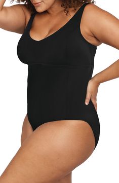 A high neckline, strong back clip and side panels bring body-shaping comfort to this pool-worthy swimsuit made of chlorine-resistant fabric. Scoop neck Multifit soft foam cups are suitable for sizes C - DD cup Lined 52% PBT polyester, 48% polyester Hand wash, dry flat Imported Solid Second-skin Shapewear For Swimming, Sculpting Nylon Bodysuit For Swimming, Full Coverage Sculpting Smoothing Swimwear, Black Second-skin Swimwear With Solid Back, Shaping Swimwear For Swimming, Smoothing Shaping Swimwear, Black Bodysuit For Swimming With Solid Back, Black Sculpting Swimwear For Swimming, Second-skin Full Coverage Bodysuit For Swimming