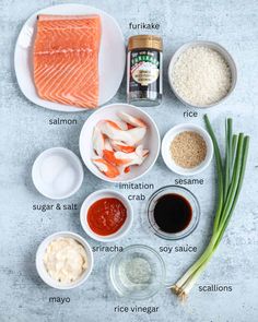 the ingredients for this dish include fish, rice, and sauces