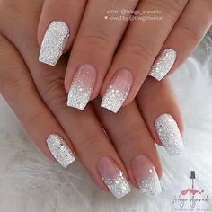 Silver Glitter Nails, Tapered Square Nails, White Glitter Nails, Ombre Nails Glitter, Valentine Nails, Silver Nail, Short Coffin Nails, Nail Designs Glitter