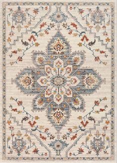 a rug with an ornate design on the front and back side, in beige tones