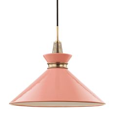 a pink hanging light with a black cord on the end and a gold plated handle