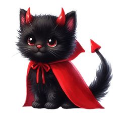 a black cat with red horns and a cape