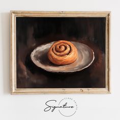 a painting of a cinnamon roll on a plate