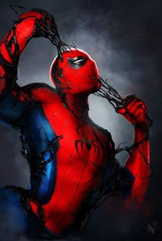 a spider man with his hands on his face and arms behind his back, in front of a dark background