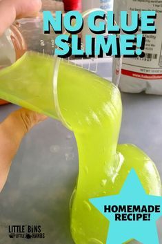 someone is pouring green slime into a plastic container with the text, no glue slime