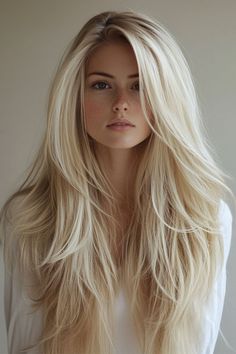 Long Blonde Curly Hair With Layers, Bright Neutral Blonde, Long Round Layers Haircut, Layering Haircut, Blonde Hair For Pale Skin, Cool Tone Blonde, Haircuts To Try, Pretty Blonde Hair, Blonde Shades