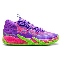 LaMelo Ball’s third signature shoe MB.03 takes a trip to the never before seen alternative universe that is the Melo world. Highlighted by slime inspired rubber wrap-ups and an engineered knit upper with scratch cutouts, the MB3 is truly Not From Here. The slime sole and space-age PUMA Hoops tech, including NITRO foam, make tournament ready look interplanetary. $109.95 Puma Basketball Shoes, Alternative Universe, Best Basketball Shoes, Womens Basketball Shoes, Lamelo Ball, Purple Sneakers, Basketball Art, Volleyball Shoes, Swag Shoes