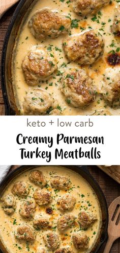 creamy parmesan turkey meatballs in a skillet