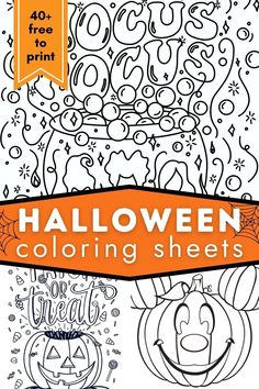 halloween coloring sheets with pumpkins and spider web on the bottom, and an orange banner above