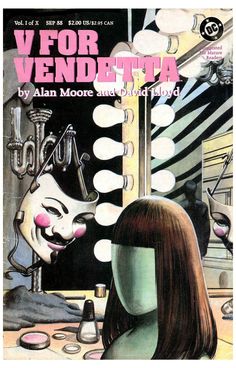 the cover to v for vender, featuring a woman sitting at a desk