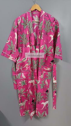 "Cotton kimono robes which are perfect for lounging around the home or spa. Use our Bird print robe as a cover up on the beach or after a dip in the pool. Add a luxe, boho feel to your bridal shower. Versatile, soft and luxurious, our 100% cotton kimono robes are printed with azo-free dyes. The printed robe features 3/4th sleeves, a waist tie and two front pocket.Indian Kimono, Kimono, Cotton Robe, Robes, Dressing Gown, Women Wear, fridakahloprint robe, bridal shower, soft, Kimono Robes,dressing Long Summer Robe For Sleep, Long Summer Sleep Robe, Long Printed Robe For Loungewear, Summer Home Kimono With Kimono Sleeves, Summer Pink Sleepwear With Kimono Sleeves, Long Summer Sleep Kimono, Pink Wrap Kimono For Loungewear, Printed Summer Robe For Home, Summer Printed Robe For Home