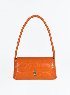 Shoulder bag  Upper: 100% PU  Lining: 100% polyester  Fixed shoulder strap  Gold toned hardware  Clasp and zip fastening  Internal zip and card pockets  L 26cm x H 12cm x D 8cm / L 10.2in x H 4.7in x D 3.1in Cheap Orange Large Capacity Shoulder Bag, Luxury Orange Shoulder Bag With Branded Hardware, Affordable Functional Orange Shoulder Bag, Luxury Orange Leather Shoulder Bag, Cheap Orange Shoulder Bag For On-the-go, Luxury Orange Shoulder Bag For On-the-go, Affordable Orange Shoulder Bag For Shopping, Chic Orange Shoulder Bag, Luxury Chic Orange Shoulder Bag