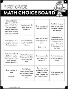 the first grade math choice board is shown in black and white, with an image of a