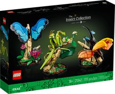 the lego insect collection has three different types of plants and animals in it's box