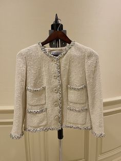 Chanel Cream White 4 pocket Fantasy Tweed Jacket Size 36 Women Lagerfeld | eBay Chanel Jackets For Women, Vintage Tweed Jacket, Emily Gilmore, Chanel Tweed Jacket, Gold Chanel, Chanel Tweed, Chanel Jacket, Cream White, Vintage Chanel