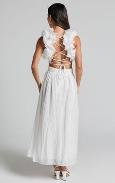 Marielly Maxi Dress - Side Cut Out V Neck Ruffle Detail Sleeve Dress in White | Showpo USA Summer Wedding Maxi Dress With Ruffled Skirt, White Dress With Ruffled Straps For Day Out, White Vacation Dress With Ruffled Straps, Chic White Ruffled Skirt Dress, White Vacation Dresses With Ruffled Straps, White Ruffled Dress For Spring, Chic White Ruffled Dress, Chic White Dress With Ruffled Skirt, White Fitted Maxi Dress With Ruffled Straps