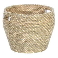 a large round woven basket with white trimmings on the bottom and sides,