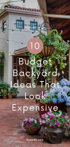 the words 10 budget backyard ideas that look expensive on top of potted plants in front of a house