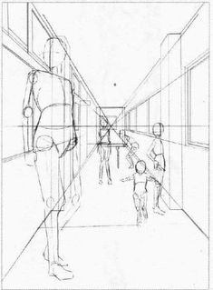 a line drawing of people walking down a hallway with one person standing in the middle