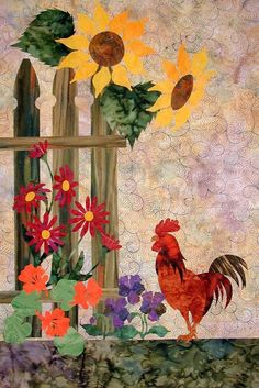 a painting of a rooster and flowers in front of a fence with the sunflowers