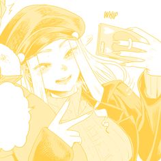 a drawing of a girl with long hair holding a cell phone and pointing at her face