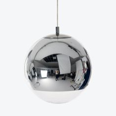 Highly reflective chrome pendant light reflecting photography studio environment. Lamp Kitchen, Chrome Pendant Lighting, Ball Pendant Lighting, Contemporary Pendant Lights, Mirror Ball, Tom Dixon, Globe Pendant, Ball Pendant, Globe Lights