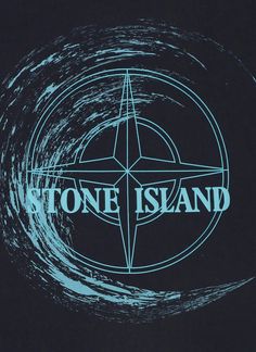 the stone island logo is shown in blue on a black background with white swirls