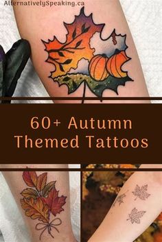 autumn themed tattoos on both legs