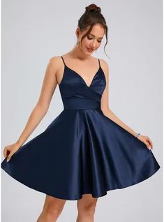 JJ's House Satin V-Neck Fall Spring Summer Winter A-line Back Zip Skater Dresses Simple Dark Navy Height:5.8ft（176cm） Bust:32in（82cm）Waist:24in（61cm）Hips:35in（89cm） No Special Offer Short Blue Spaghetti Straps Homecoming Dress. #JJ's House #Satin #VNeck #Fall #Spring #Summer #Winter #Aline #BackZip #SkaterDresses #Simple #DarkNavy #No #SpecialOffer #Short #Blue #SpaghettiStraps #HomecomingDress Blue Velvet Homecoming Dress, Blue Hoco Dress Short Flowy, Dresses For School Formal, Junior Prom Dresses Short Simple, Simple Navy Dress, Dark Blue Satin Dress Short, Mid Length Homecoming Dresses, Winter Dance Dresses Formal, Short Semi Formal Dress