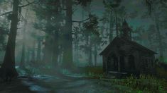 an old church in the middle of a forest at night with fog coming from the trees