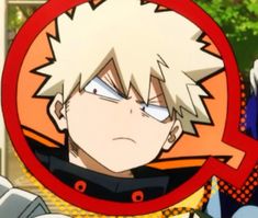 an anime character with white hair and blue eyes in front of a circular sign that says,