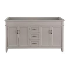 a bathroom vanity with two sinks and drawers on the top, in grey wood finish