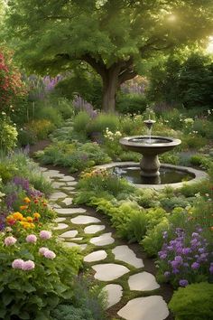 a garden with stepping stones leading to a water fountain surrounded by colorful flowers and trees