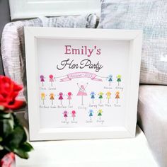 a family's hen party is displayed in a white frame next to a red rose