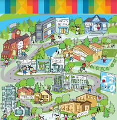 an illustrated map with people walking and riding bikes on the road in front of buildings