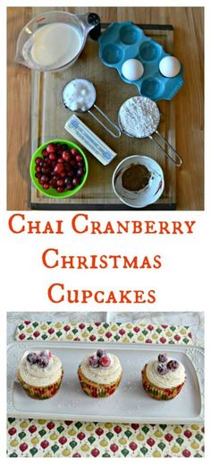 christmas cupcakes with cranberry frosting and other ingredients on a tray