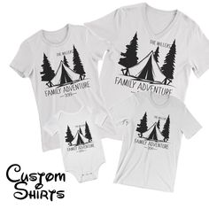 Matching Camping Family Vacation Shirts . Please see the size chart in one of the images of the listing in order to select the correct size for you. (if you are not sure which size to choose, please measure your favorite shirt's width from armpit to armpit, and the length from top to bottom and compare it to our size chart). We offer 3 adult shirt styles to choose from: - Unisex (men's) Crewneck T-shirts (run about half an inch smaller than standard American tees) - Women's Crewneck T-shirts (ru White Long Sleeve Adventure T-shirt, White Long Sleeve T-shirt For Adventure, White Cotton T-shirt For Camping, Family Custom Print Short Sleeve Shirt, Adventure Graphic Cotton Tee, Black Cotton Top For Camping, Adventure Graphic Cotton Tee Shirt, Black Cotton Tops For Camping, Custom Print Cotton Shirt For Family Occasions