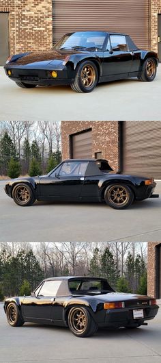 three different views of a black car in front of a garage door with gold rims