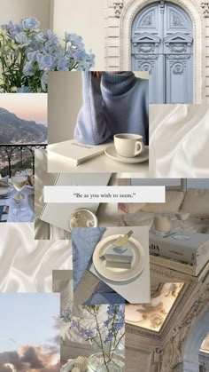 a collage of photos with blue and white flowers, coffee cup, books, teapot