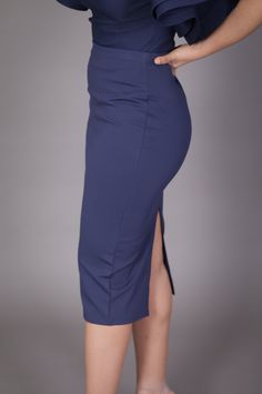 Midi Skirt with High Split (Navy) – The Kyra Danaya Collection Formal Stretch Midi Bottoms, Formal Stretch Midi Length Bottoms, Navy Fitted Bottoms With Lined Skirt, Fitted Navy Bottoms With Lined Skirt, Business Casual Knee-length Pencil Skirt, Office Wear Stretch Midi Bottoms, Elegant Navy Skirt For Workwear, Elegant Navy Skirt For Work, Relaxed Midi Skirt For Business Casual