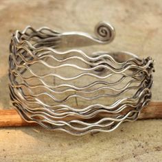 Sterling silver cuff bracelet, 'Ocean Currents' - Modern Sterling Cuff from Thailand Wire Arm Cuff, Bracelet Ocean, Ocean Currents, Woven Jewelry, Silver Strand, Bracelets Silver, Natural Jewelry, Silver Jewellery Sets, Arm Cuff