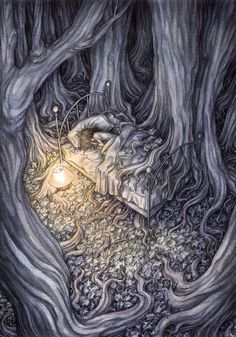 a drawing of a bed in the middle of some trees with a light on it