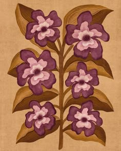 a painting of purple flowers with green leaves on a beige background in the shape of a flower