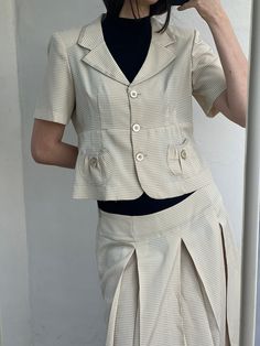 "Vintage Suit \"Sweet\" Brand 🪞Cute Pleated Skirt & Jacket Set White&Yellow  Size 14" Beige Short Sleeve Workwear Sets, Beige Short Sleeve Sets For Workwear, Retro Spring Workwear Sets, Retro Workwear Sets For Spring, Retro Fitted Skirt Suit For Spring, Tailored Summer Skirt Suit For Workwear, Tailored Skirt Suit For Summer Workwear, Fitted Cream Blazer For Summer, Cream Summer Workwear Sets