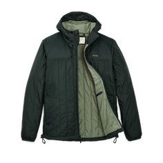 Made with a 1.5-oz. Cordura® ripstop nylon shell and insulated with 60g PrimaLoft® Gold, the Filson Ultra-Light Hooded Jacket is highly packable and surprisingly warm—made to be worn solo or as an insulating mid-layer in colder temperatures. Because PrimaLoft® Gold retains 98% of its warmth when wet, it boasts unmatched versatility in any weather. The full-length zipper has a zipper garage, so it’s comfortable when zipped all the way to the chin. The elastic cuffs and drawcord-adjustable hood and hem ensure a snug fit that seals in warmth, and zippered, Moleskin-lined handwarmer pockets add even more warmth and comfort. Features an interior zippered security pocket and a double layer of fabric over the yoke for durability. | Filson Ultralight Hooded Jacket DarkSpruce Size XS Lightweight Windproof Hooded Outerwear, Lightweight Windproof Nylon Outerwear, Lightweight Hooded Outerwear For Outdoor, Casual Quilted Hooded Jacket For Outdoor Activities, Functional Quilted Hooded Jacket For Outdoor, Insulated Fall Outdoor Windbreaker, Lightweight Windproof Nylon Windbreaker, Hooded Insulated Nylon Puffer Jacket, Lightweight Nylon Windproof Windbreaker