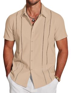 PRICES MAY VARY. Premium Fabric --- Men's short sleeve cuban shirt is made of premium fabric, which is breathable, soft and skin-friendly, keeping you cool and comfortable in the summer Cuban Guayabera Design --- Mens guayabera shirts features short sleeve, spread collar, button closure, cutout embroidery, relaxed fit. Distinct cuban design makes this shirt more fashionable and classic Collocation --- Men's button down short sleeve shirt makes a perfect versatile item that can be easily worn wit Mens Havana Nights Outfit, Cubavera Outfit Men, Guayabera Outfit For Men, Mens Resort Wear Outfits, Mens Guayabera Shirts, Cuban Design, Cuban Guayabera, Cuban Shirt, Summer Shirts Men