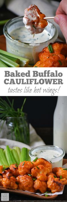 baked buffalo cauliflower tastes like hot wings with ranch dip and sour cream sauce